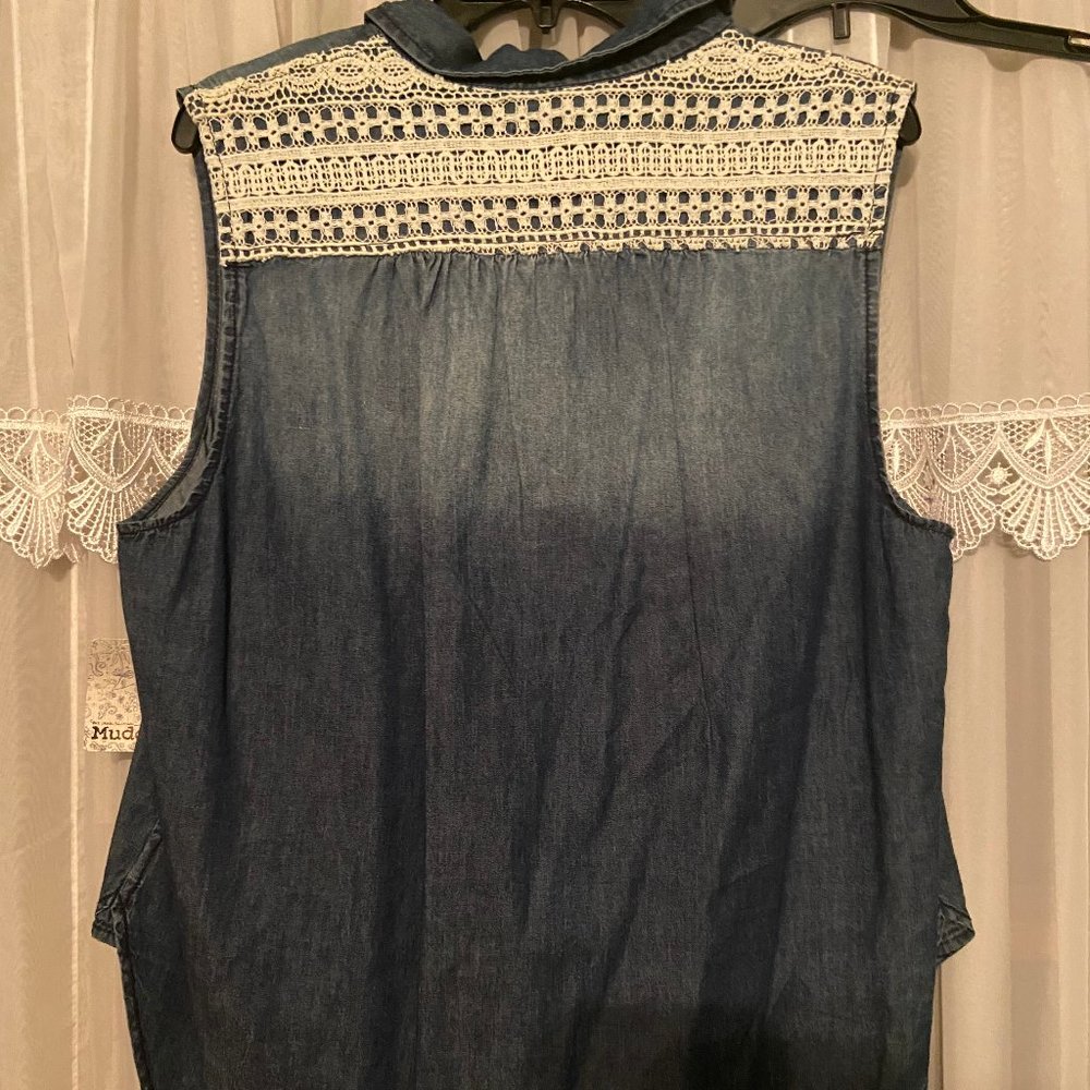 Sleeveless Button Down Denim Shirt w/ Lace Detail